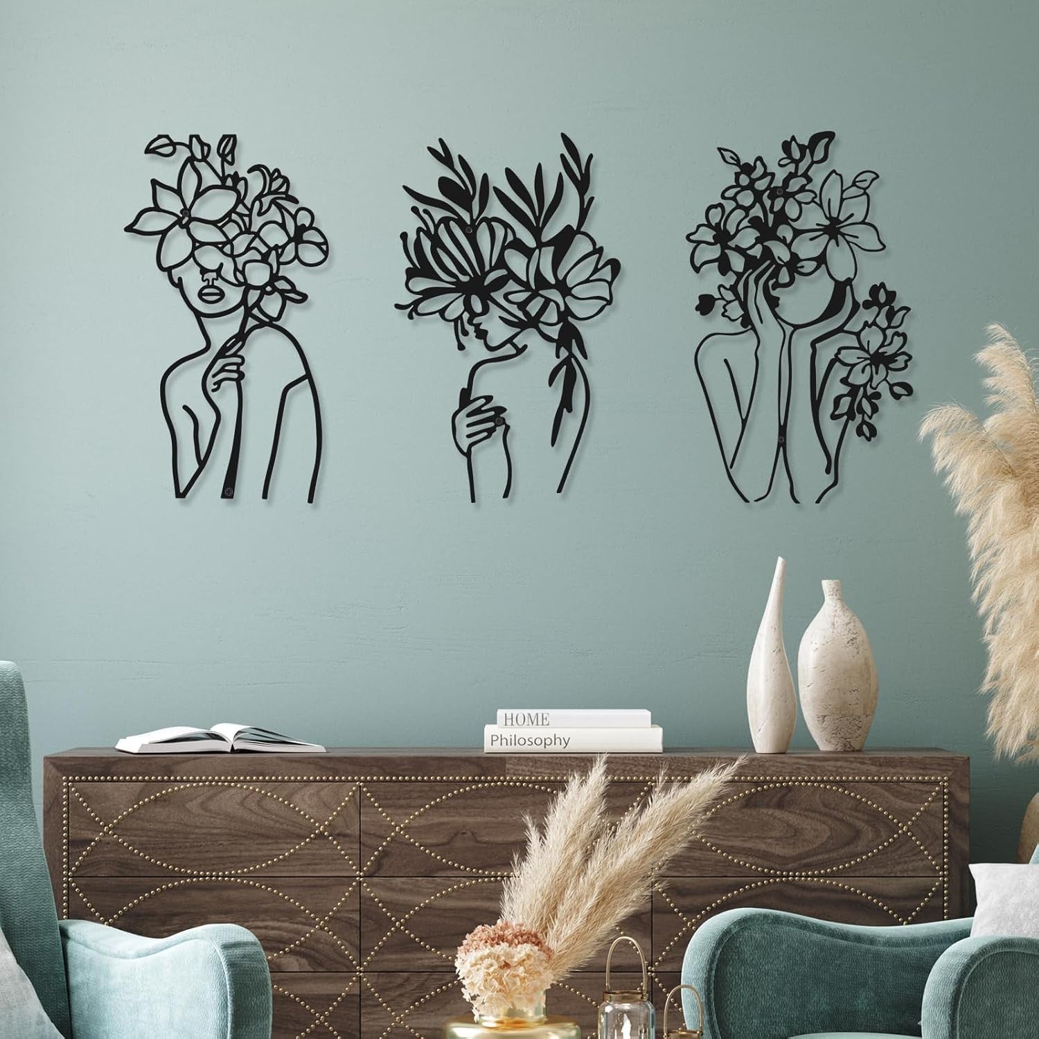 3Pcs Metal Wall Art Abstract Woman Floral Line Decor Set
