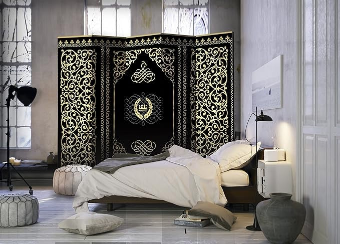 Luxury Black & Gold 5-Panel Room Divider | 225×172cm Privacy Screen for Home