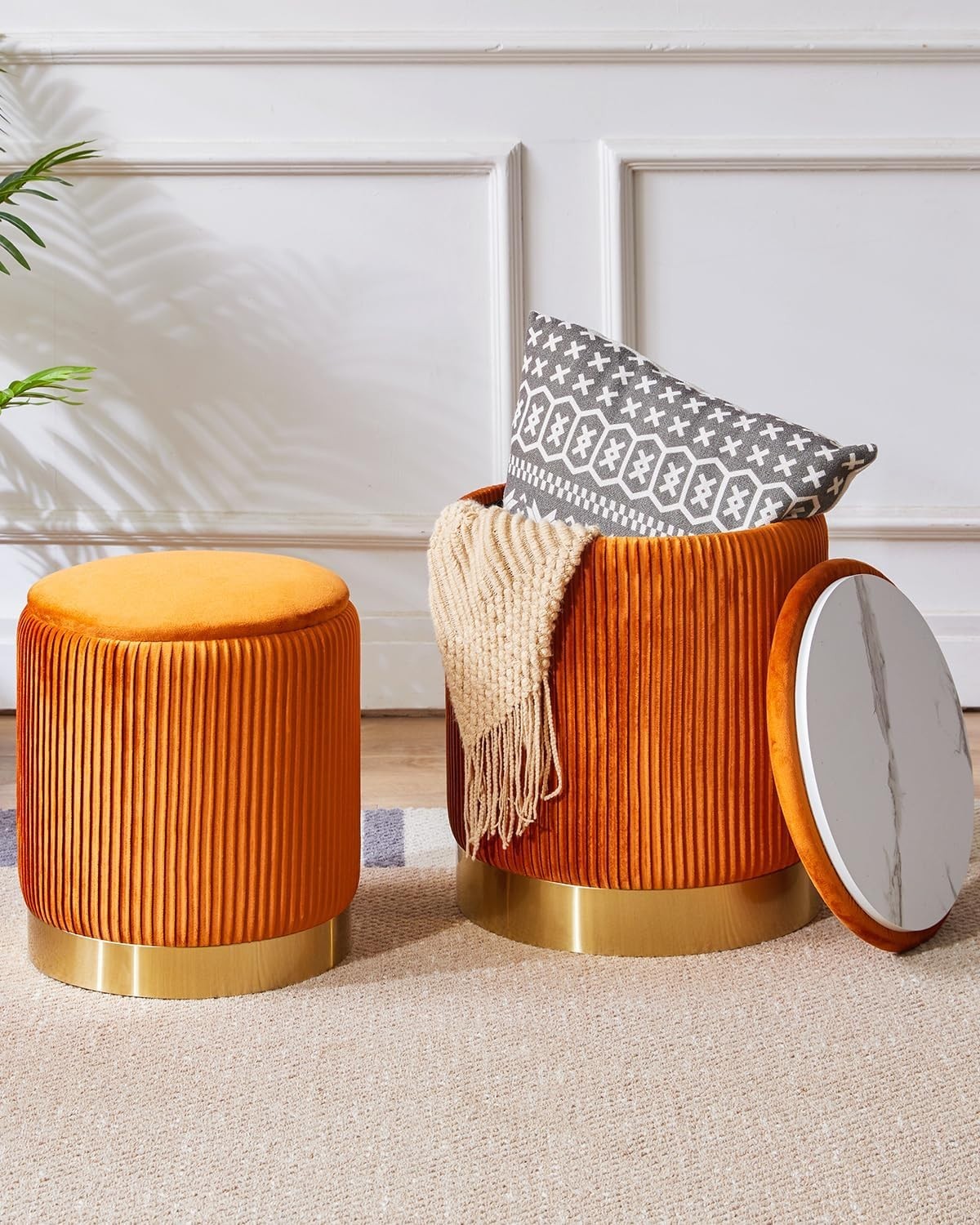 Set of 2 Velvet Storage Ottomans – Round Boucle Footstools & Side Tables Orange