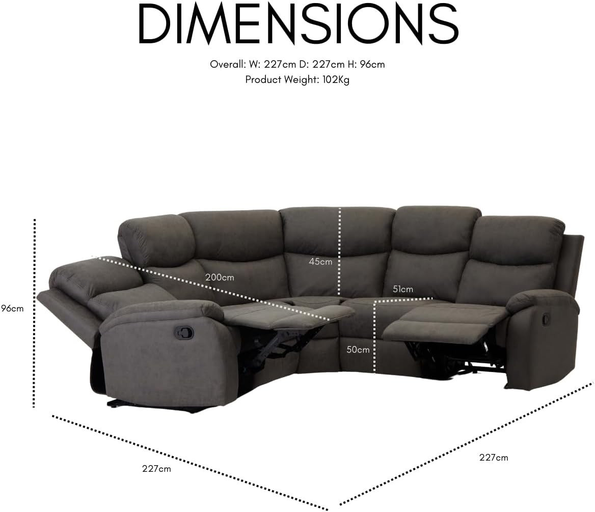 Grey 5 Seater L-Shape Recliner Sofa – Manual Recline, Full Chaise, Lumbar Suppor