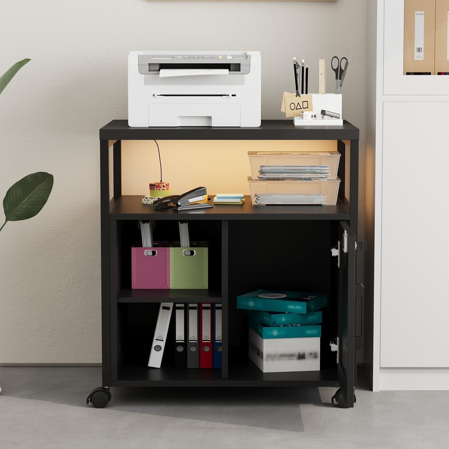 Black LED Mobile File Cabinet 65cm Lockable Printer Stand