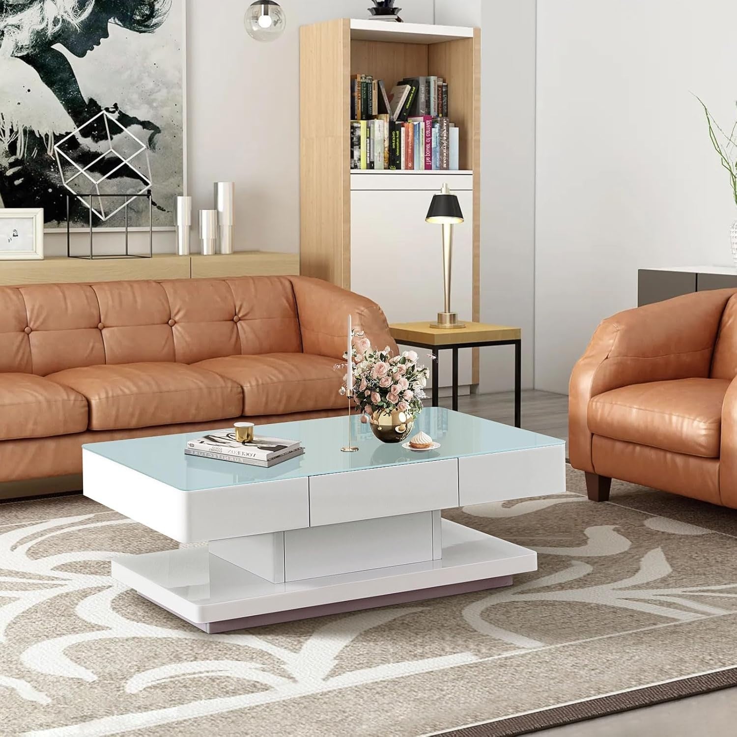 Modern White High Gloss Tempered Glass Coffee Table with 2 Drawers 100x60cm