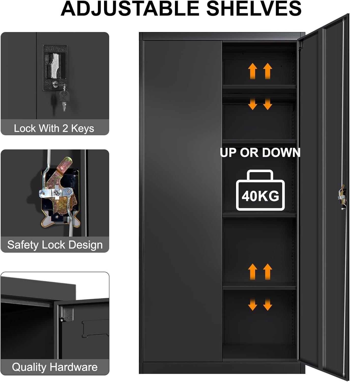 Tall Metal Storage Cabinet Black 2 Door 4 Shelf Lockable Steel Cupboard 185cm