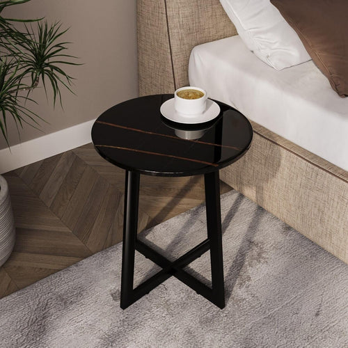 40cm Round Black Marble Look Coffee Side End Table Small Modern Steel Legs