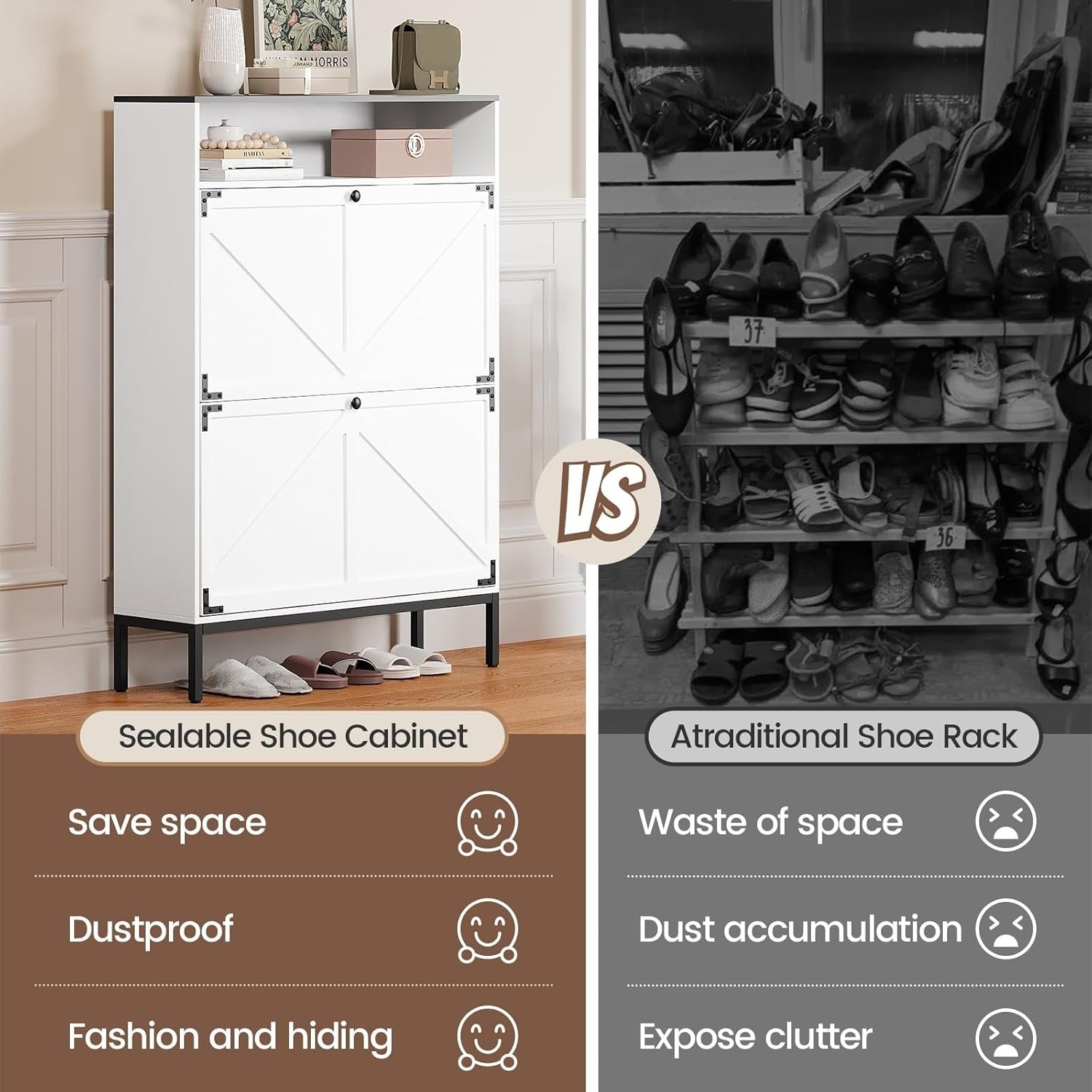 3 Tier Shoe Storage Cabinet with 2 Flip Doors & Open Shelf – 80x24x114cm