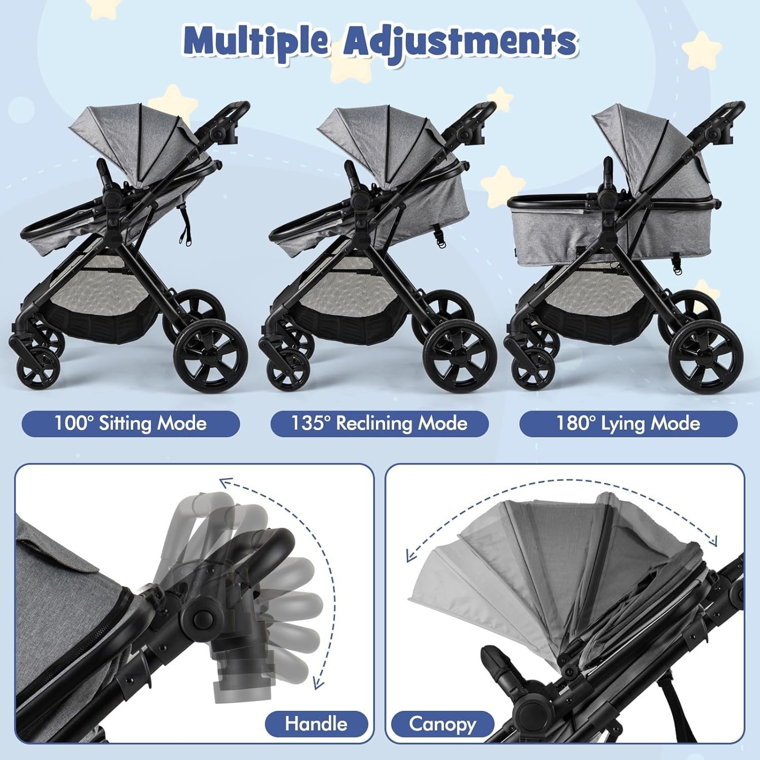 2 in 1 Baby Pushchair Travel Foldable Lightweight Reversible Stroller Grey