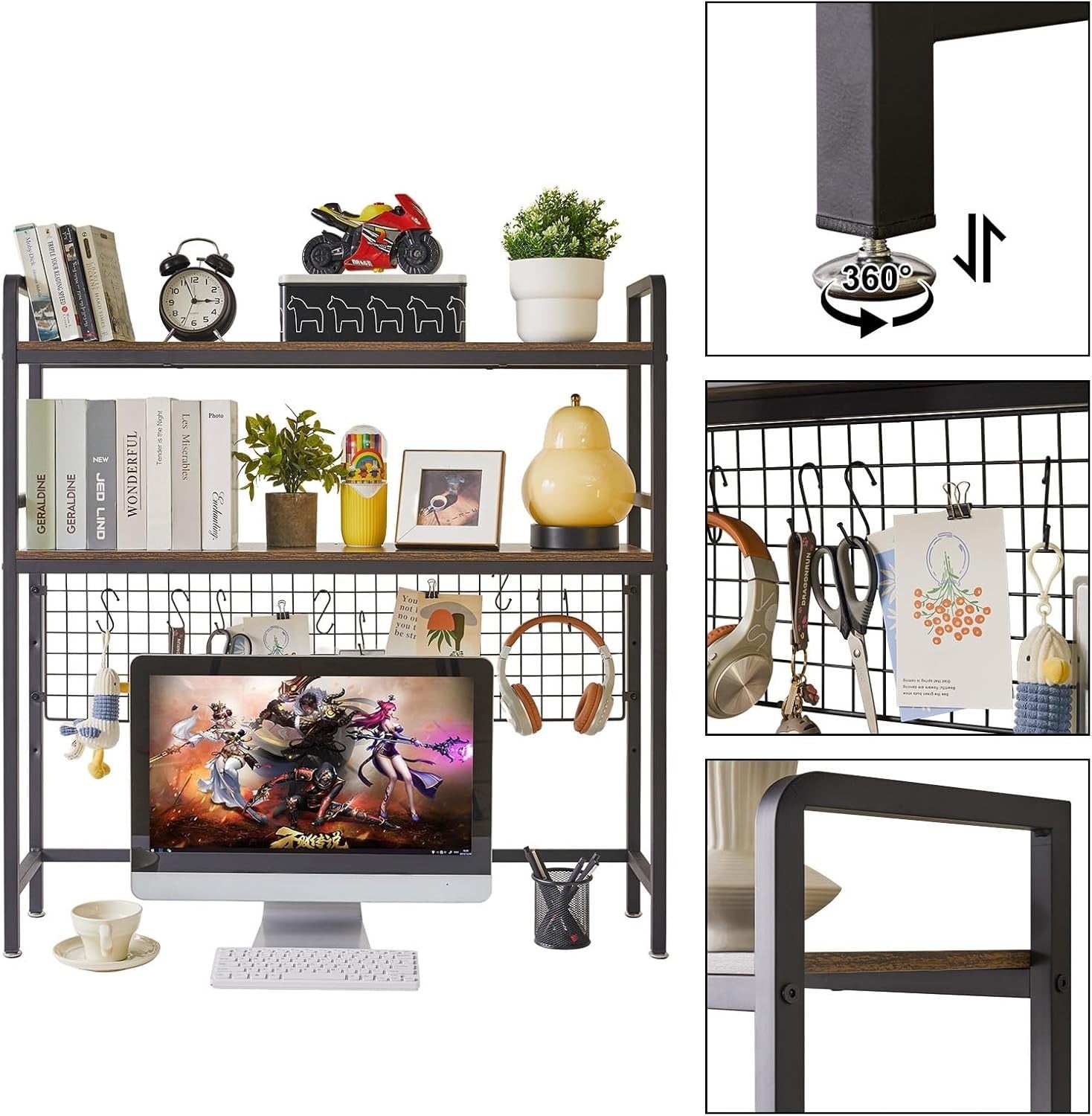 37" Black Desk Hutch – 2-Tier Adjustable Desktop Shelf & Monitor Riser