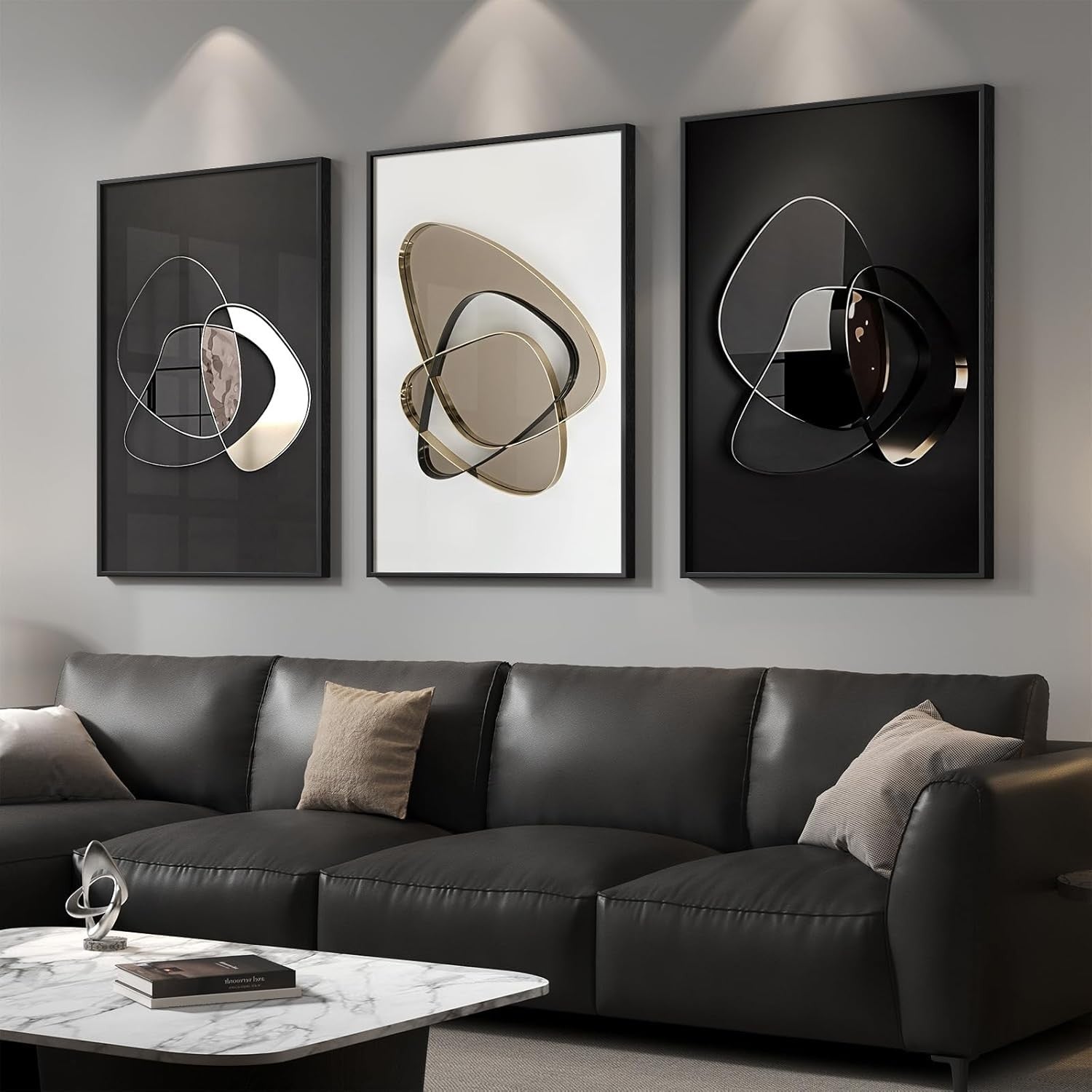 Large Framed Abstract Wall Art 3 Panel 24x36in Black Gold Metal