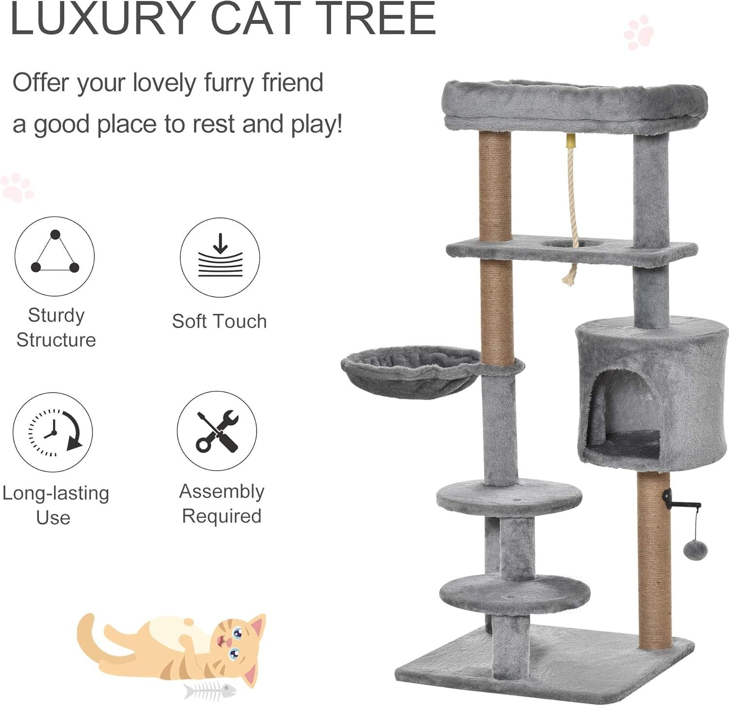 Cat Tree Tower 120cm Indoor Multi Level Scratching Post Condo Hammock