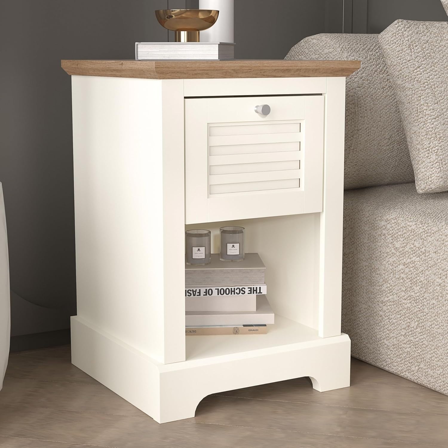 Ivory & Oak Bedside Table with Drawer | Modern Nightstand for Bedroom
