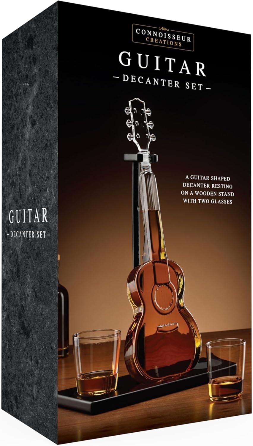 Guitar Shape Whiskey Decanter Set 1L with Glasses & Wood Stand | Music Lover Gif