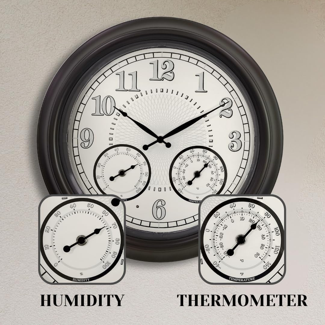18" Outdoor Wall Clock LED Light Temp Humidity Sensor Waterproof Garden