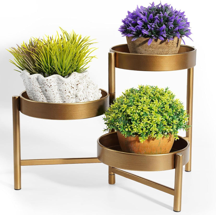 3 Tier Bronze Metal Plant Stand | Small Flower Pot Holder Indoor Outdoor Rack