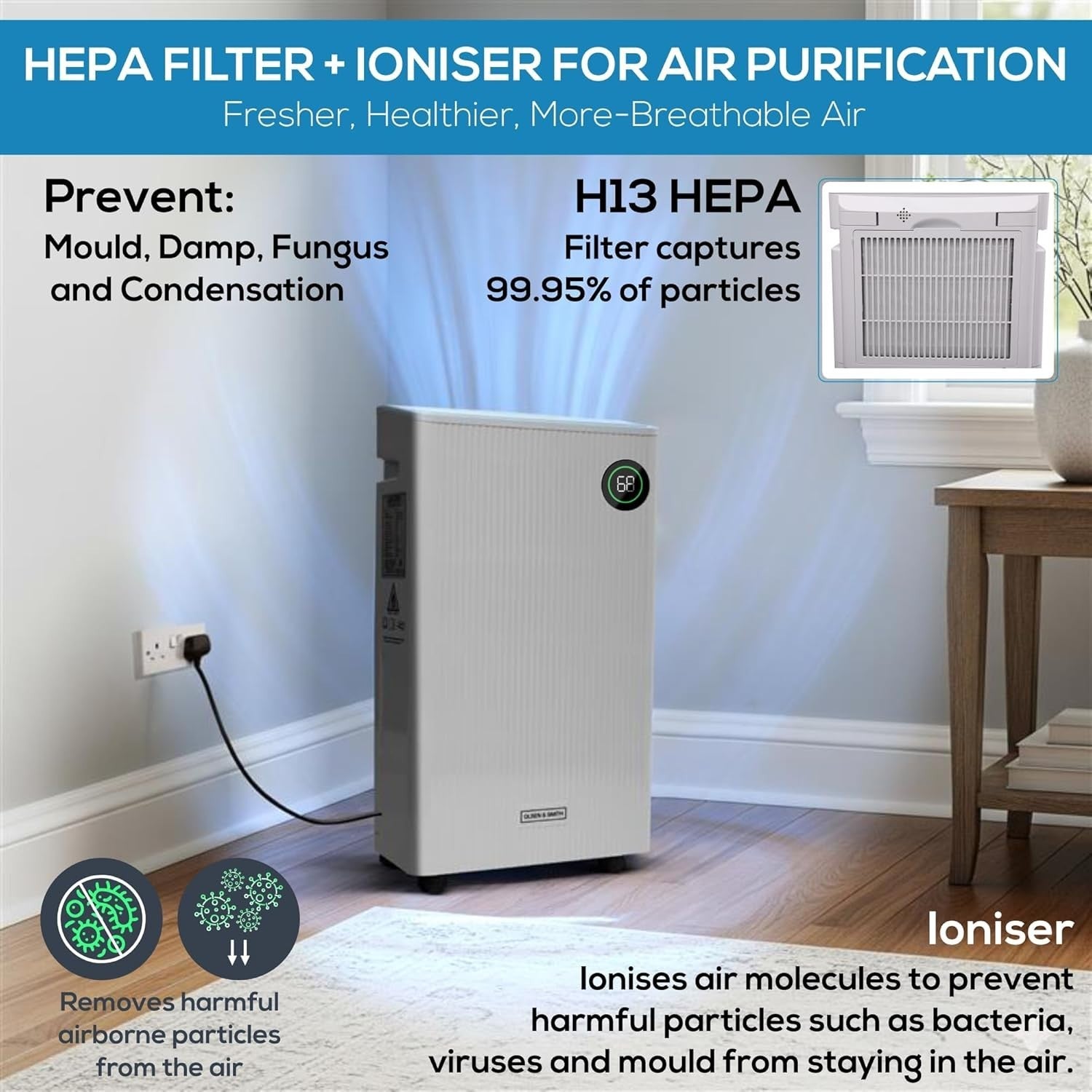 20L Dehumidifier HEPA Air Purifier Laundry Mode Quiet 5.5L Tank