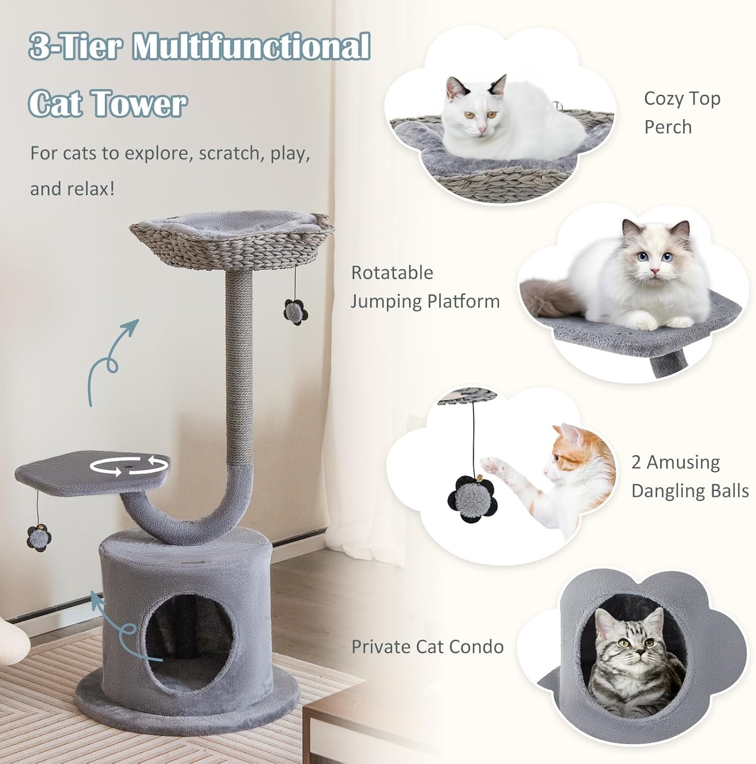 3 Tier Cat Tree Tower Grey Large Top Bed Condo Scratching Post Indoor Cats