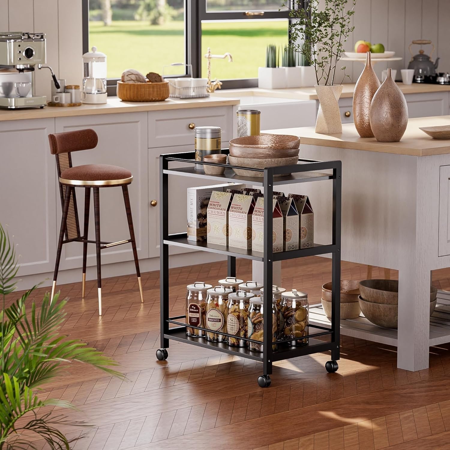 3 Tier Bar Cart Black Rolling Drinks Trolley with Storage Shelves Wheels