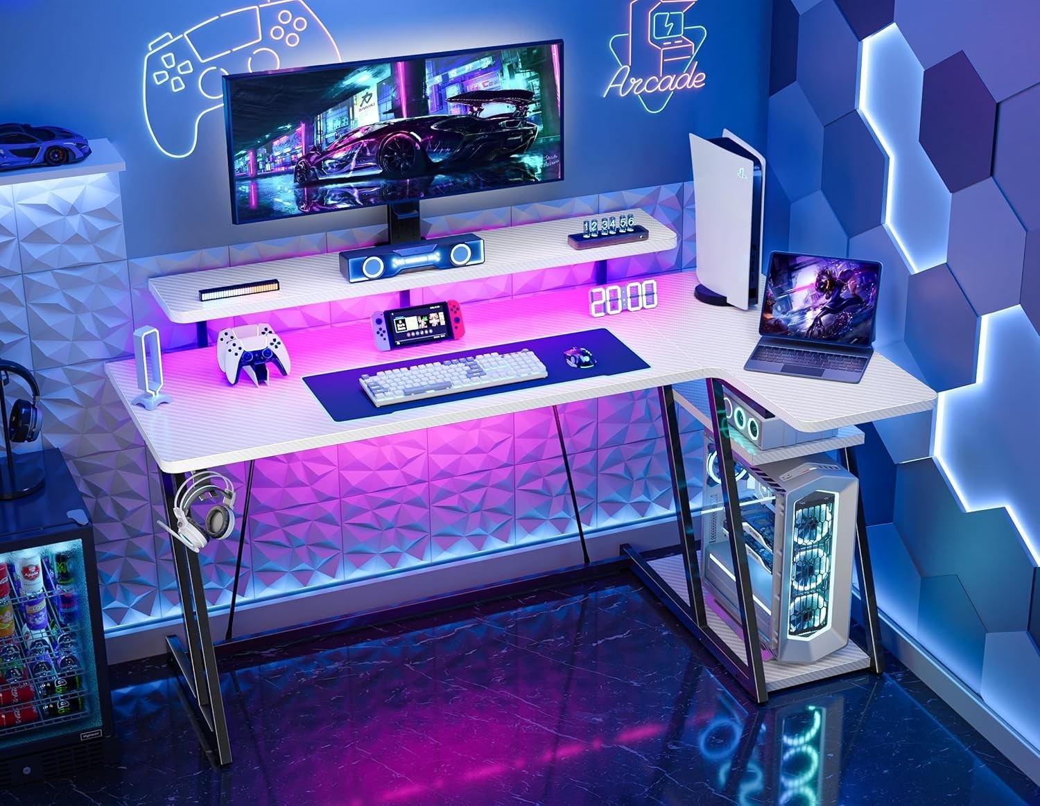 White 140cm L Shaped Gaming Desk w/LED Lights, Monitor Stand & Shelves