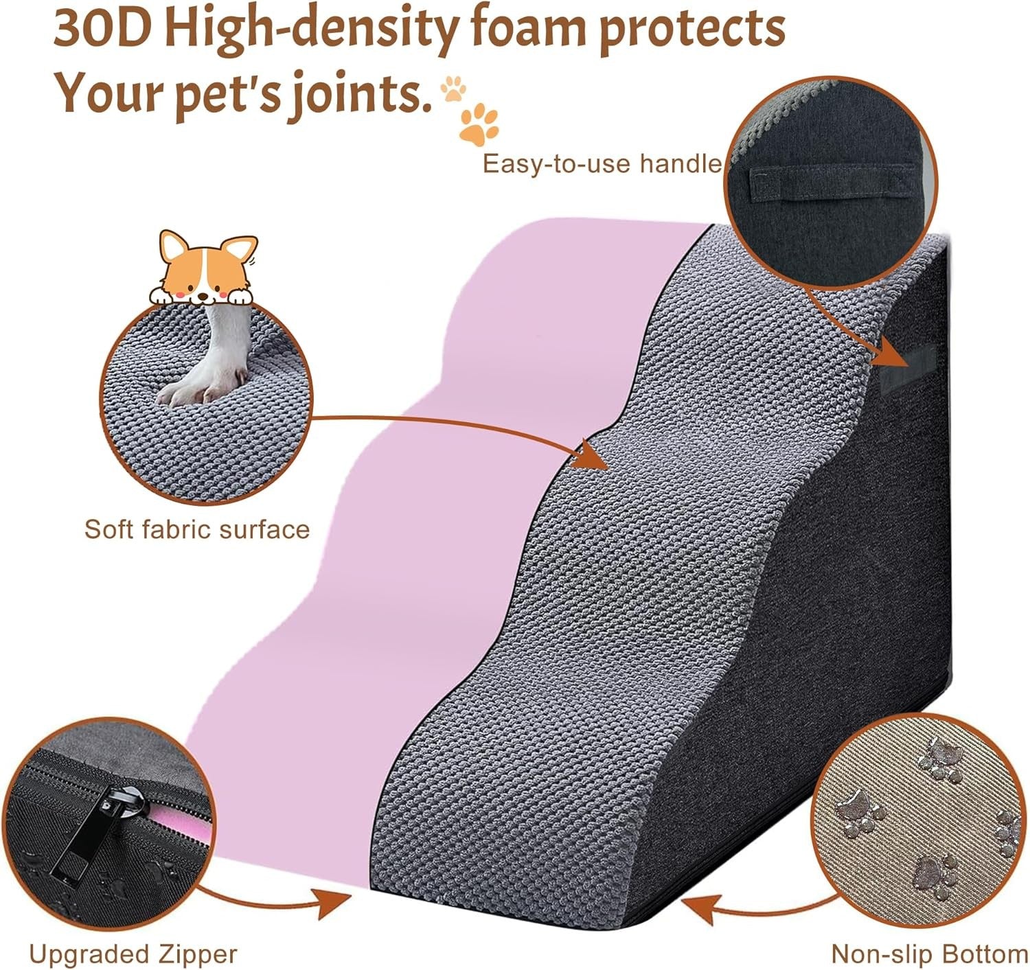 3 Step Dog Stairs Non Slip Pet Steps 60x40x40cm