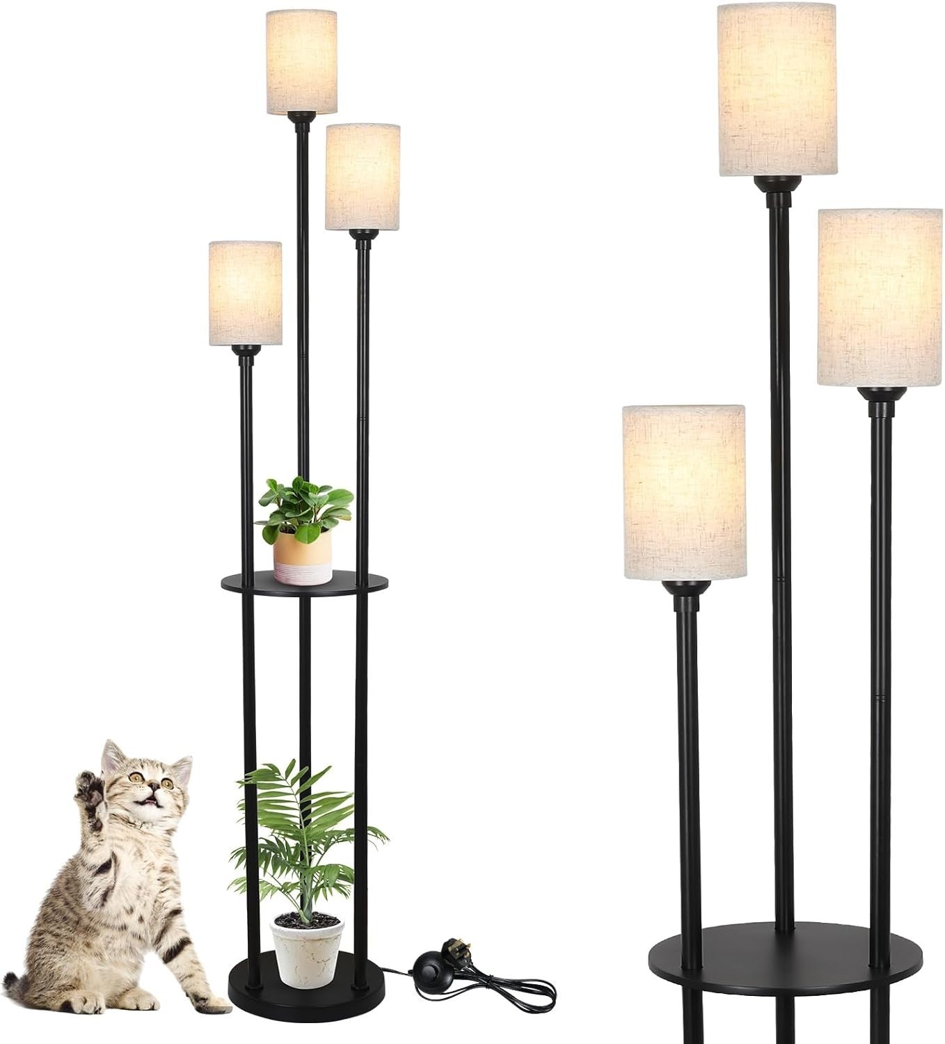 Modern 3-Light Floor Lamp with Shelves, Linen Shades & Foot Switch, 79" Tall