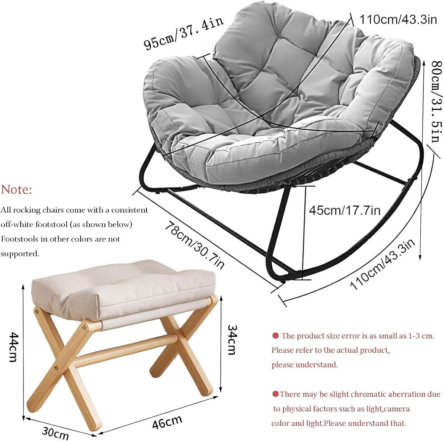 Oversized Rocking Chair with Footstool, Soft Cushion, Ergonomic Comfort