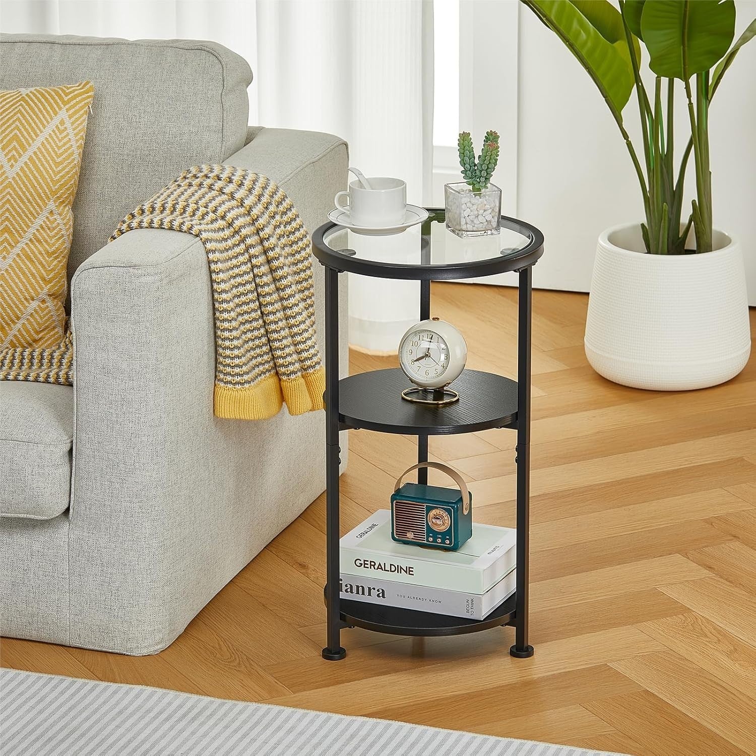 Modern 3-Tier Round Side Table with Tempered Glass, Storage, 30x30x55cm