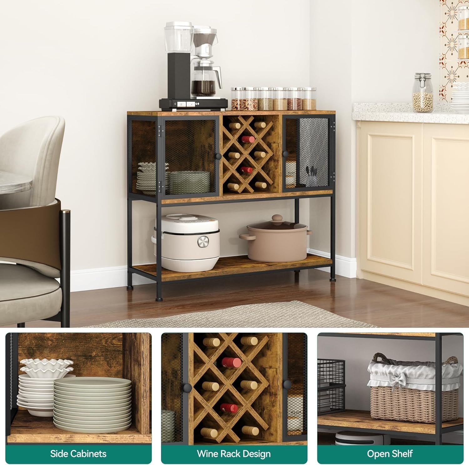 Rustic Sideboard Drinks Cabinet with Wine Rack & Storage Shelves 100cm