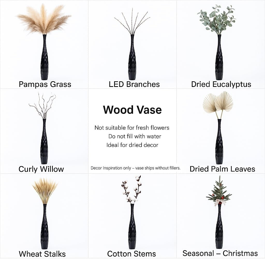 Large Black Floor Vase 85cm Tall Wooden Decor for Pampas Grass
