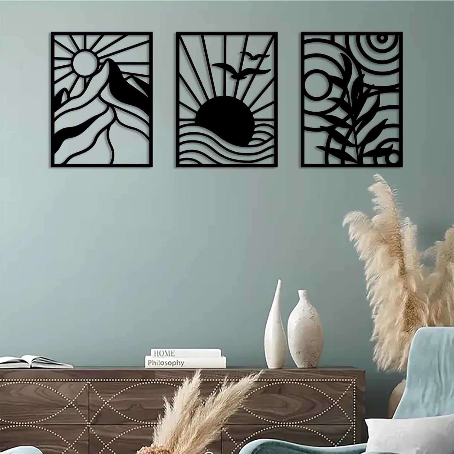 Large Metal Wall Art Set 3 Abstract Boho Black Minimalist Hanging Decor