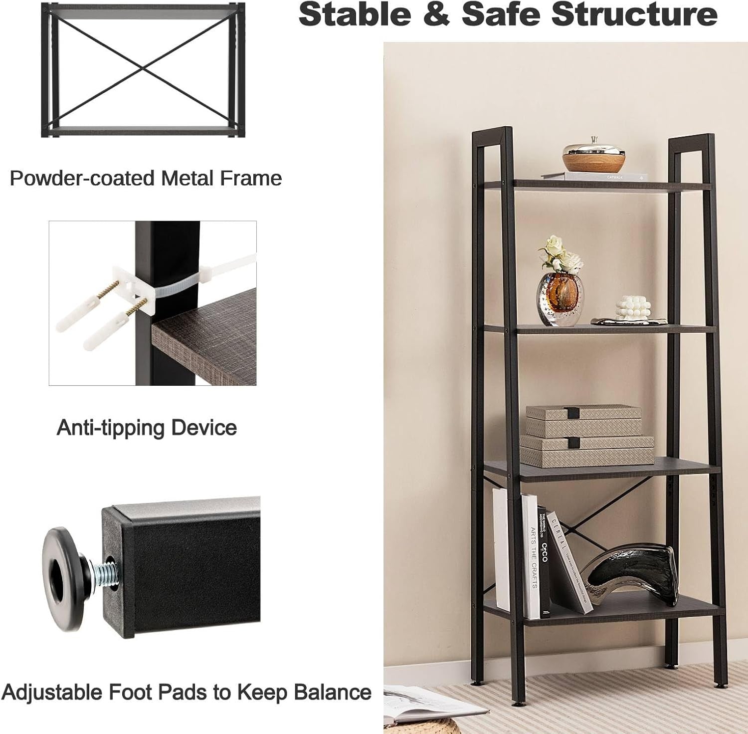 Black Industrial Ladder Shelf 4-Tier Freestanding Storage Rack Plant Stand