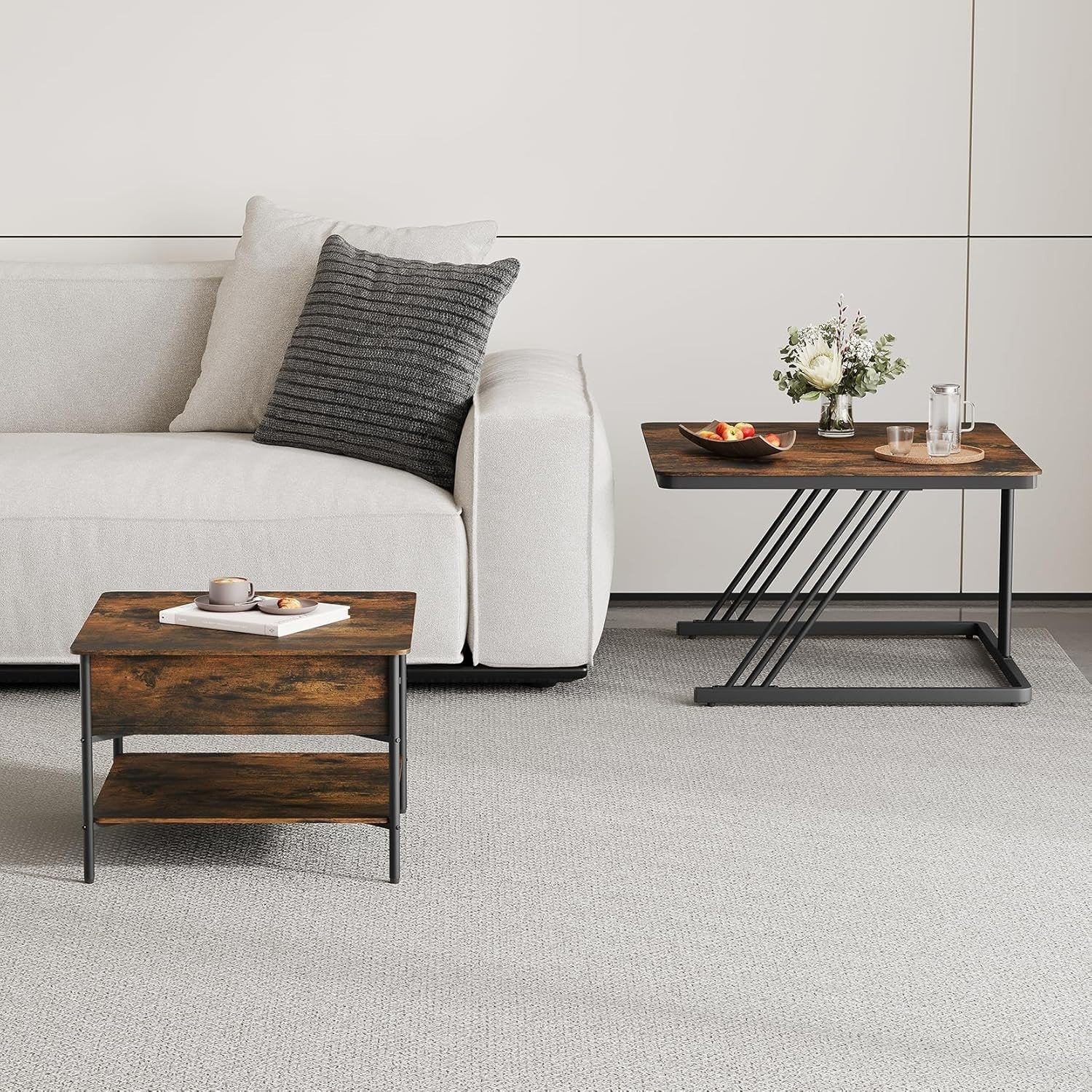 Square Nesting Coffee Table Set 2, Lift Top Storage, Walnut & Black, Space Savin