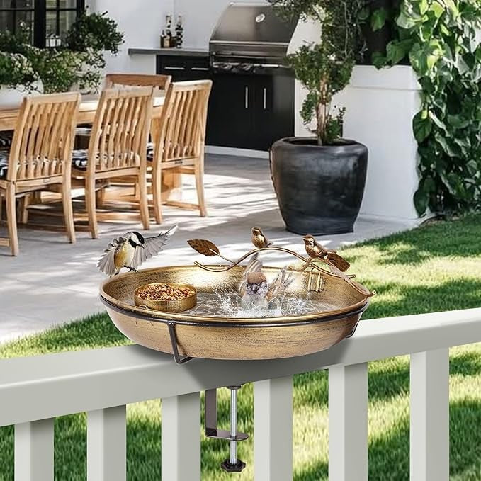 Metal Deck Mounted Bird Bath – Rustproof Outdoor Feeder Bowl with Clamp Stand