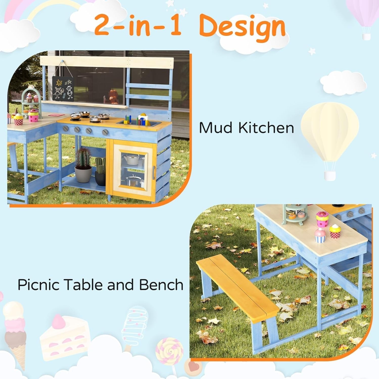 Outdoor Mud Kitchen Kids Playset w/ Picnic Table Blackboard Toys