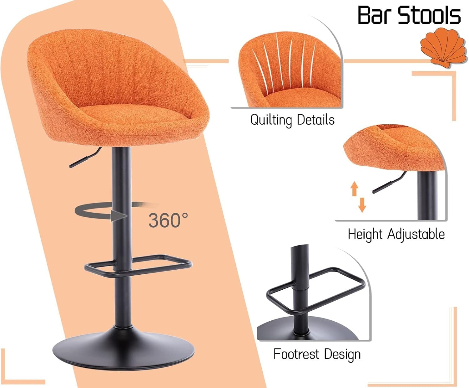 Bar Stools Set of 2 | Orange L-Shaped Adjustable Counter Chairs