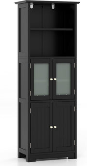 Tall Black Storage Cabinet 165cm with Glass Doors & Adjustable Shelves Unit