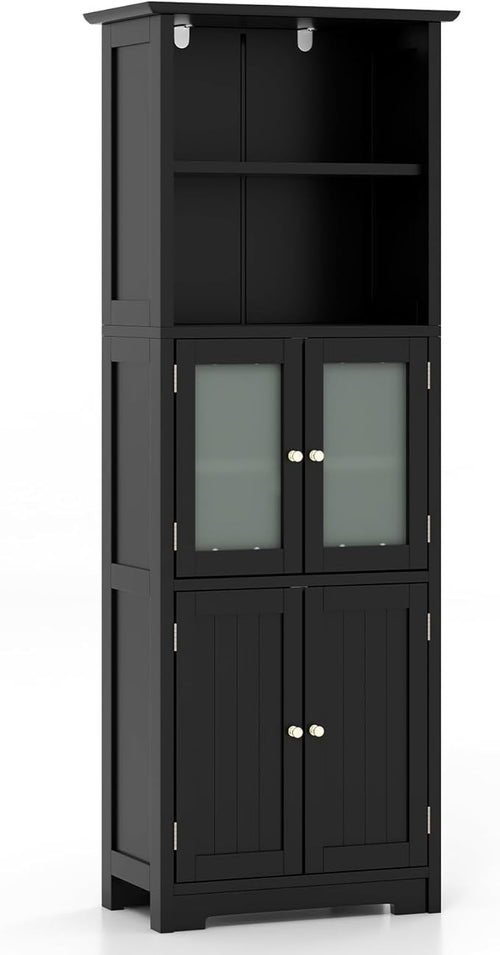 Tall Black Storage Cabinet 165cm with Glass Doors & Adjustable Shelves Unit