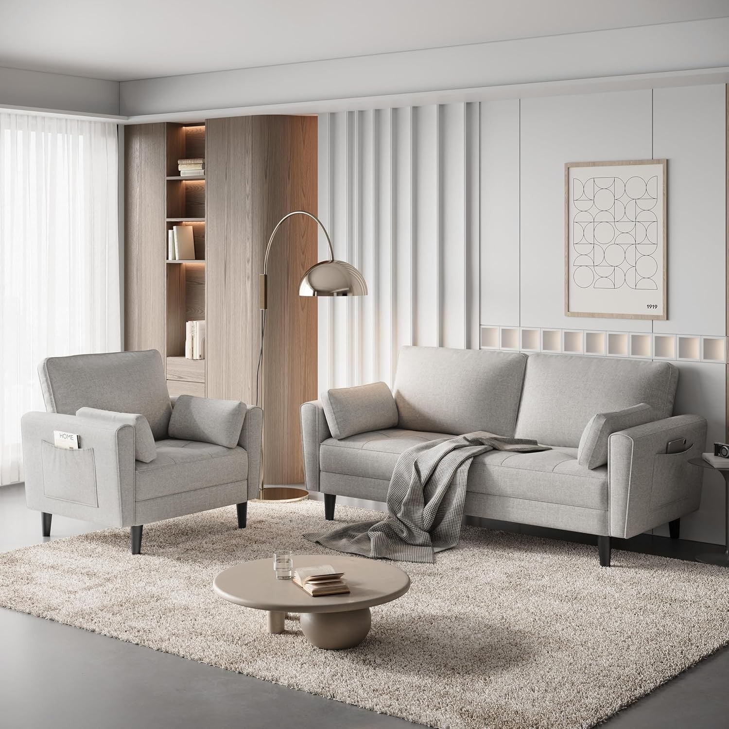 Greige Tufted Tub Chair Oversized Armchair with Pillows