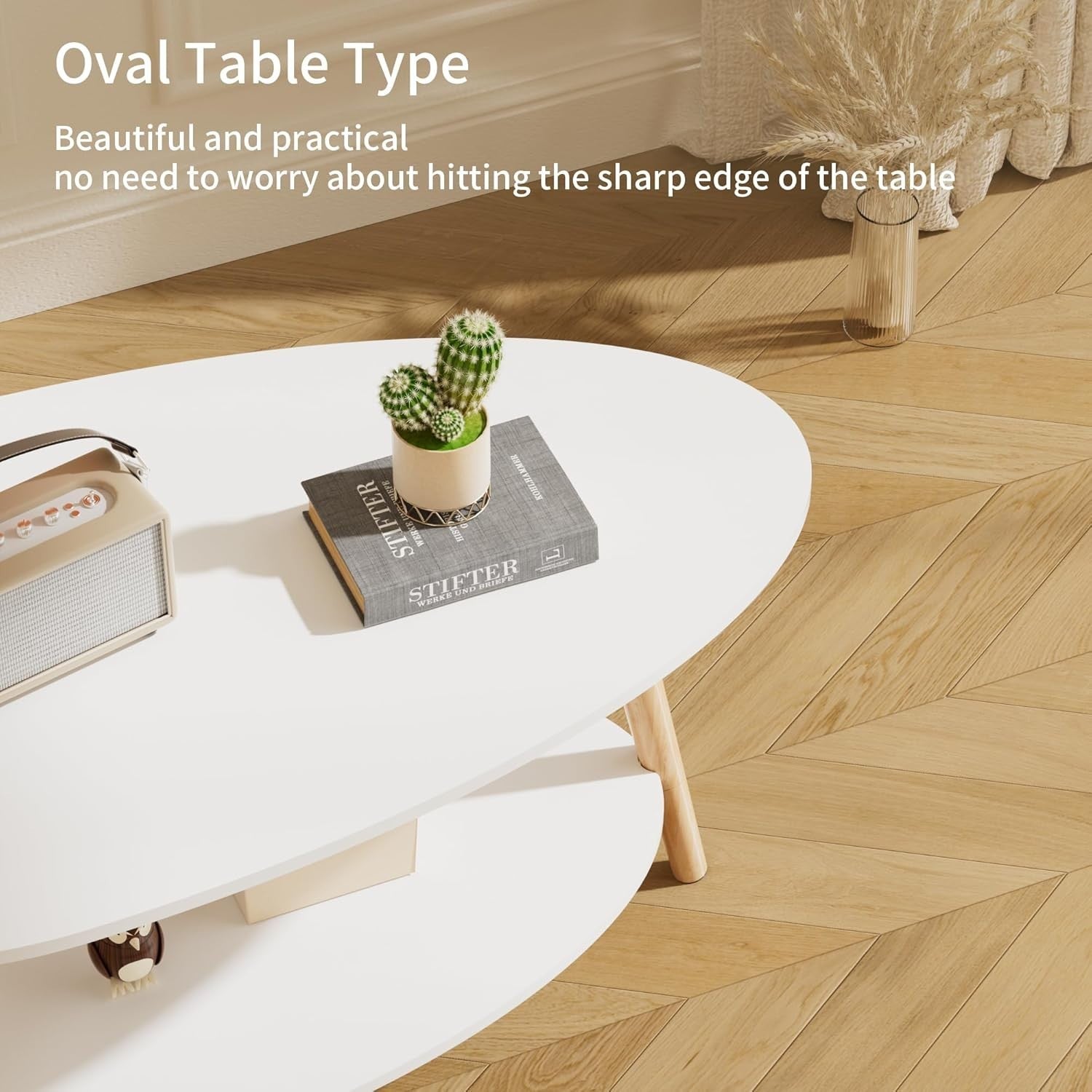 Modern Oval Coffee Table White 2-Tier Storage 90x50cm Small Space Table