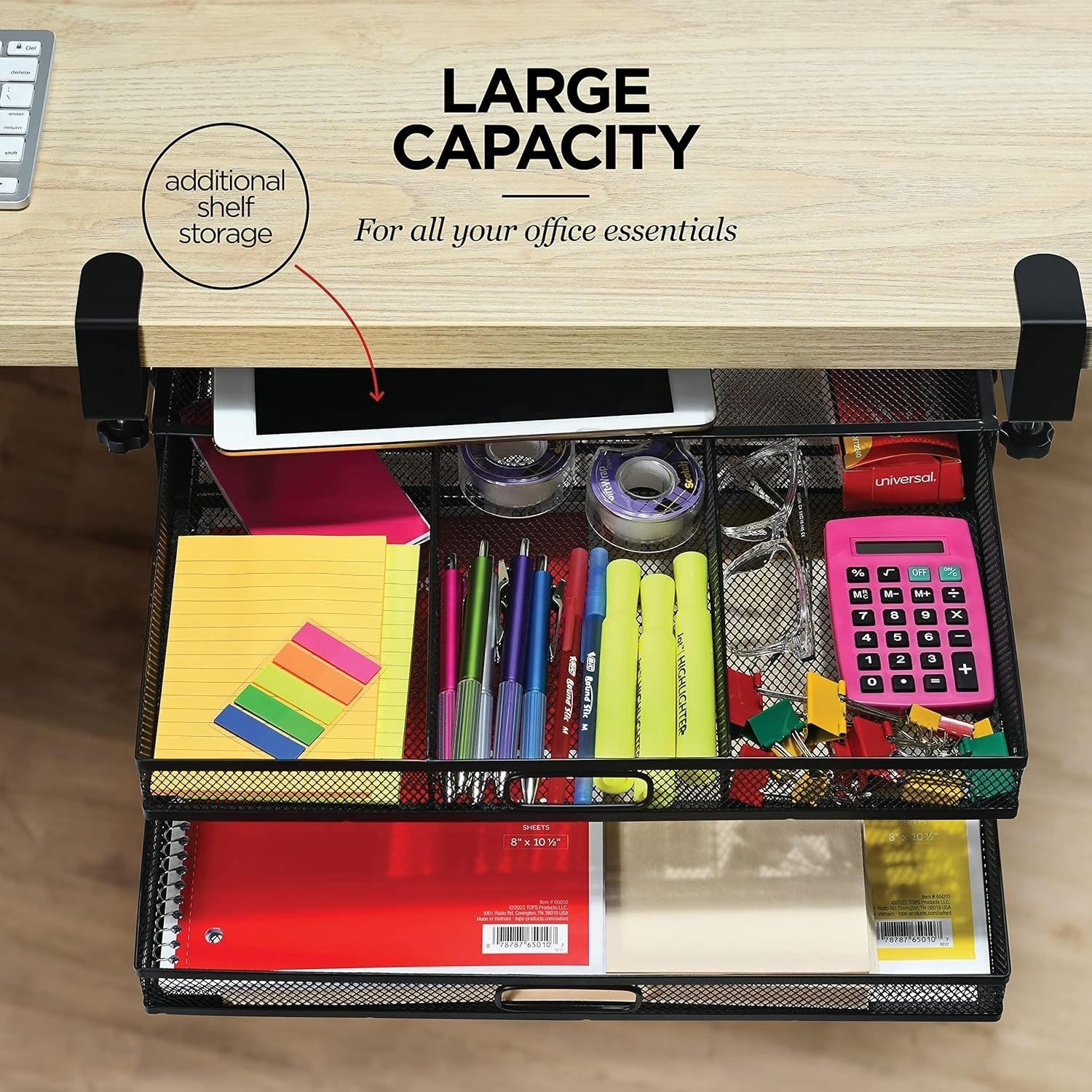 Under Desk Drawer Organizer 2-Drawer Mesh Metal Clamp-On Office Storage