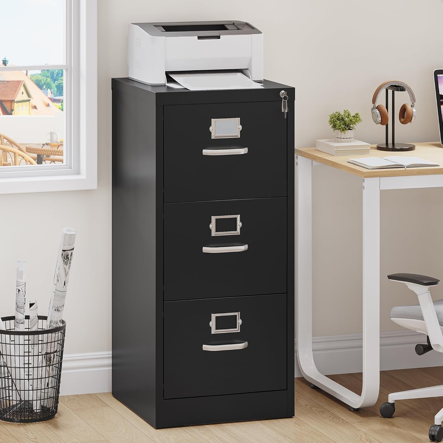 Black 3 Drawer Locking Steel Filing Cabinet Vertical A4 Legal Home Office Safe