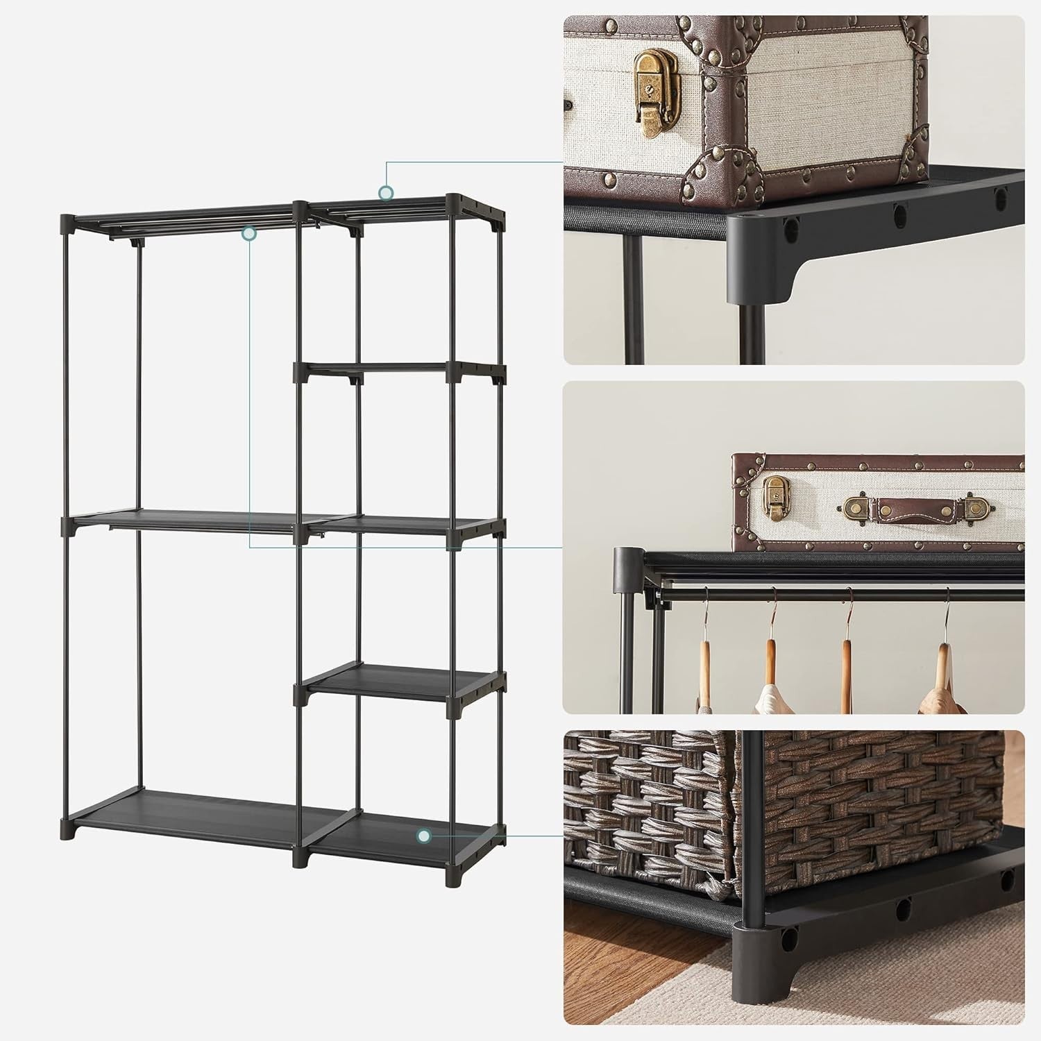 Freestanding Wardrobe with Shelves & Rails – Black 165cm