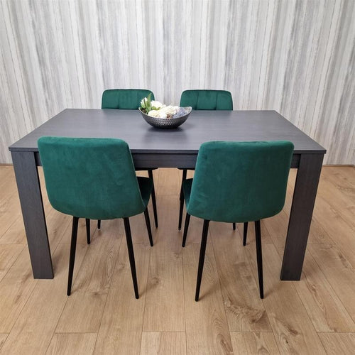 Dark Wood Dining Table Set with 4 Green Velvet Chairs Kitchen Furniture