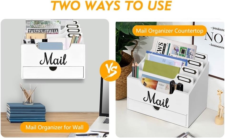 Wood Desktop Mail Organizer with Drawer 4 Compartment File Holder