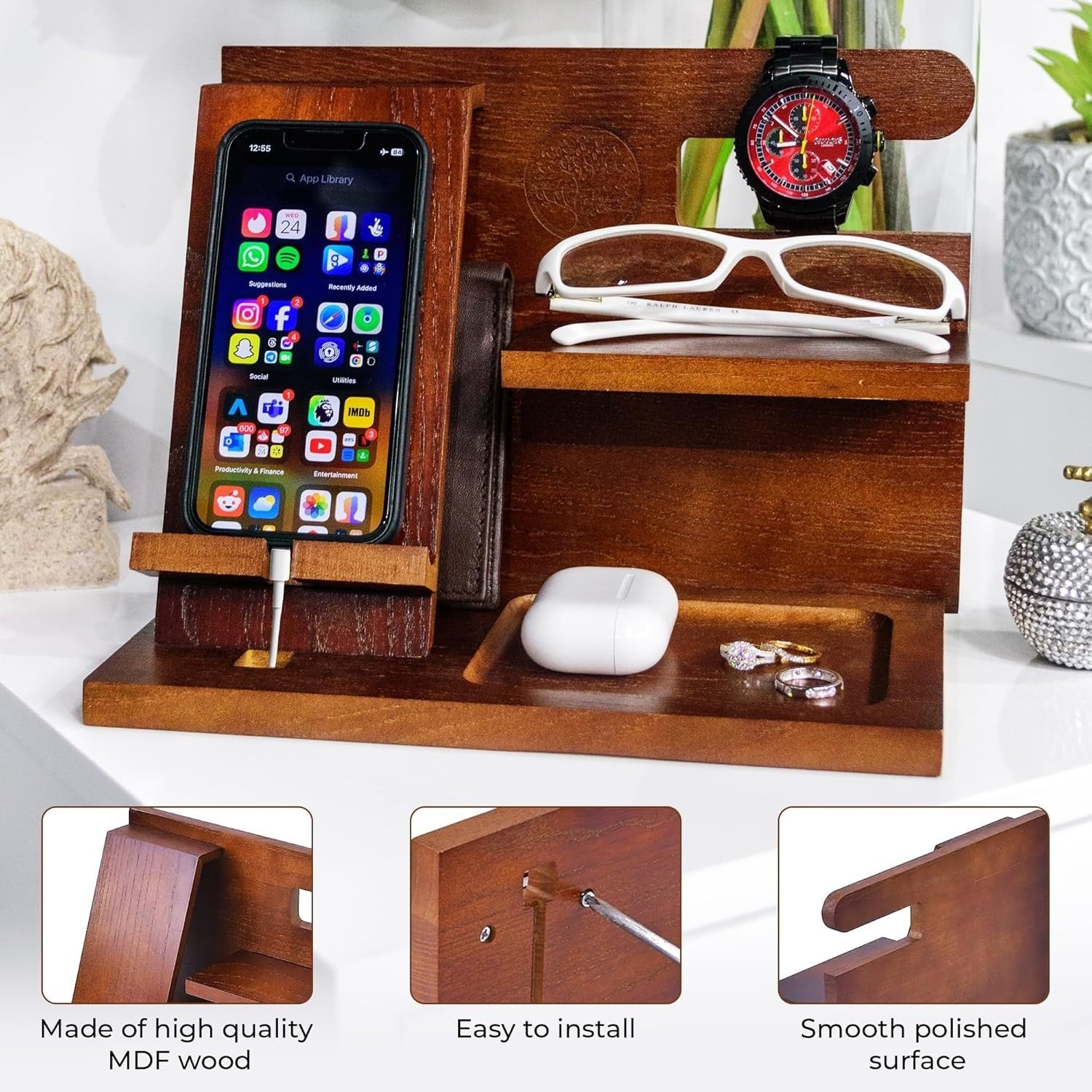Wooden Desk Organizer & Phone Docking Station for Men – Bedside Caddy