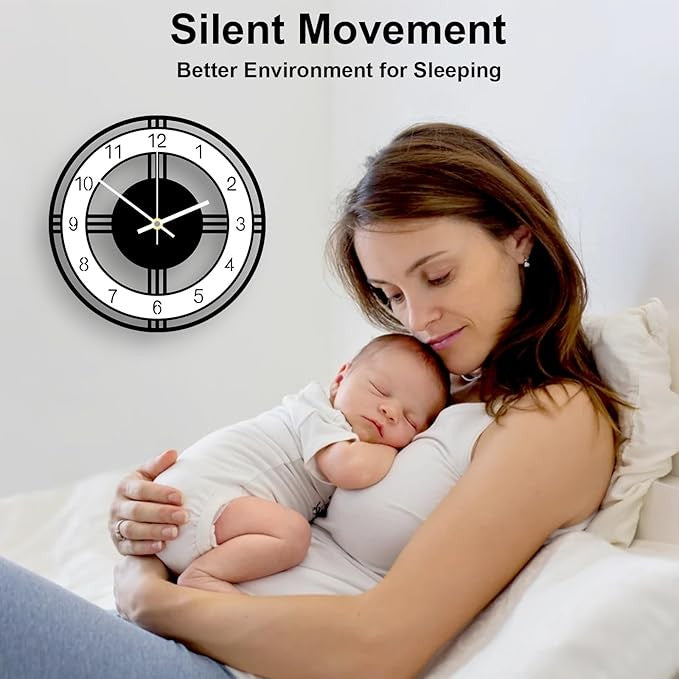 Modern 12" Silent Wall Clock Black White Quartz Non-Ticking Round Home Decor
