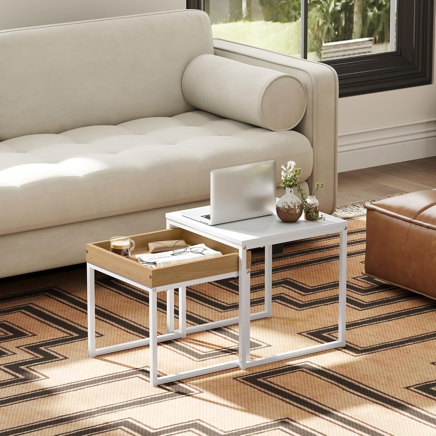 Modern Nesting Coffee Table Set Wood White Square Side End Tables Storage Tray T