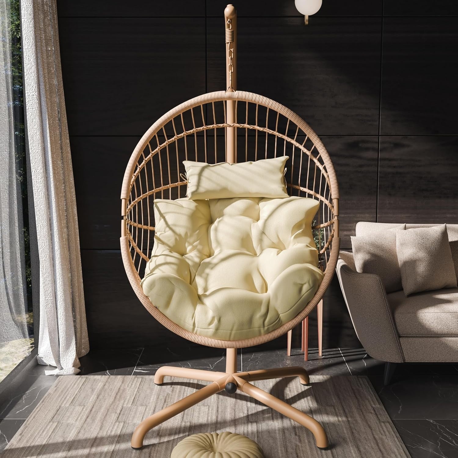 Foldable Rattan Hanging Egg Chair for Indoor Outdoor with Cushion
