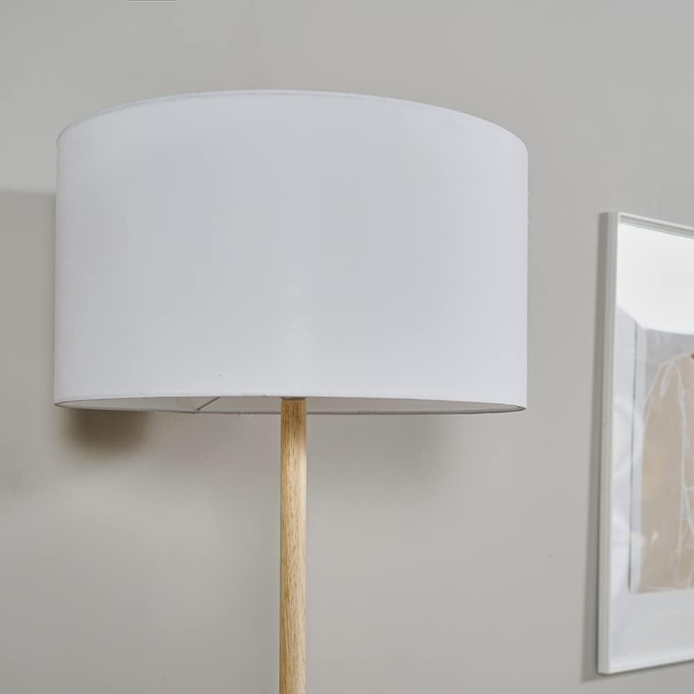 Natural Wood Floor Lamp with White Drum Shade Modern Standing Light Home