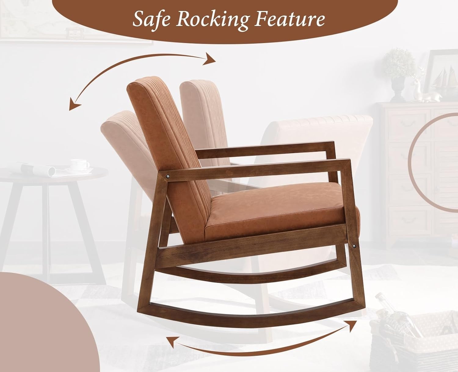 Cozy PU Leather Rocking Chair with Wood Frame, Quilted Backrest