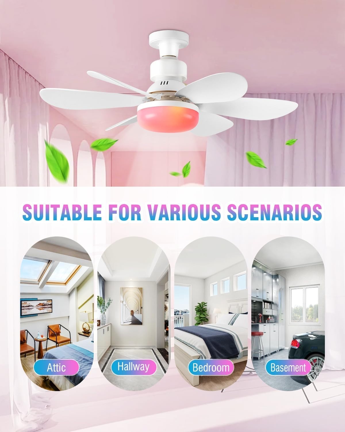 52cm Ceiling Fan Light, RGB Dimmable LED, 3 Speeds, E27 Base, Remote