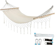 Beige Cotton Hammock with Fringe | Spreader Bar + Carry Bag | Solo Outdoor Swing